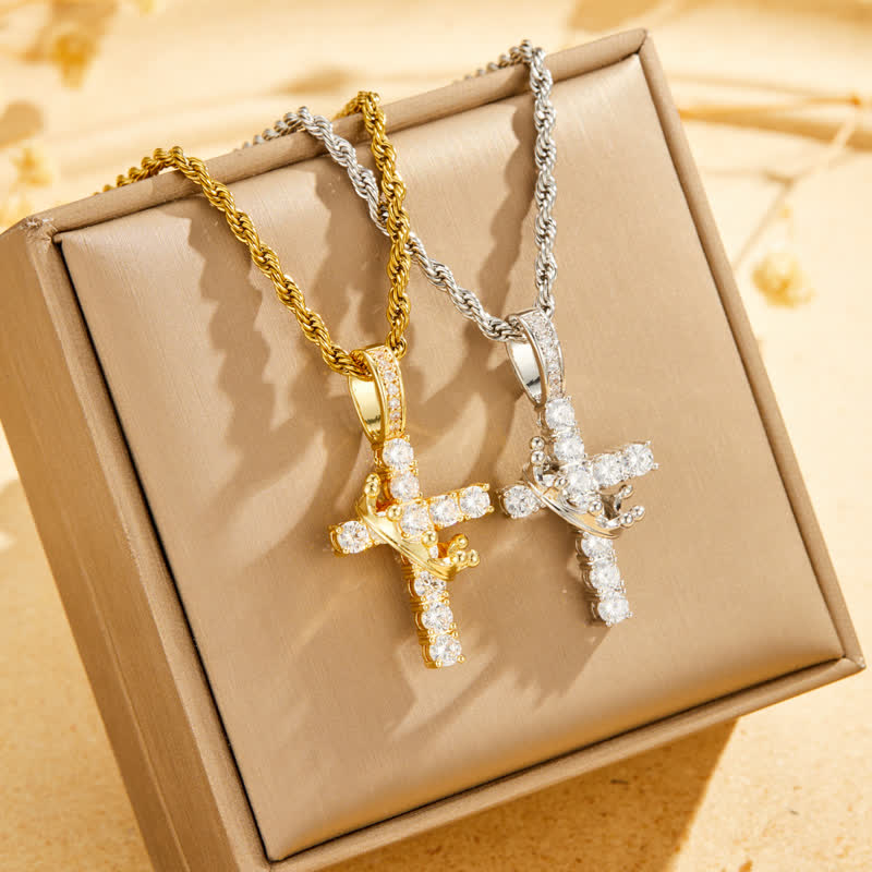 Fully Paved Shining Cross With Crown Accent: Charm of Radiant Heavenly Radiance