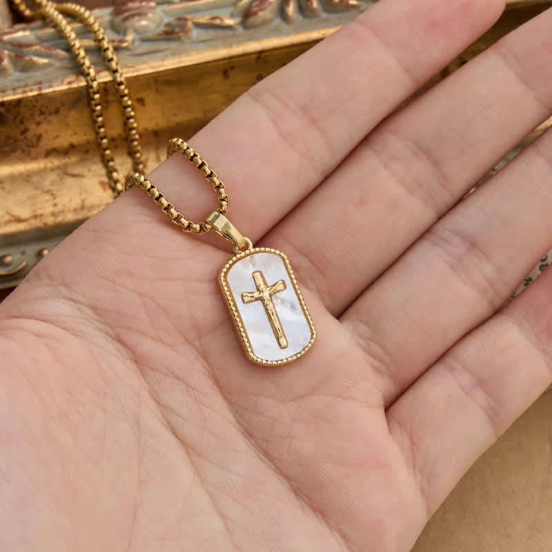 Dainty Box Link Shell Inlaid Crucifix Necklace: Emblem of Peaceful Inner Devotion