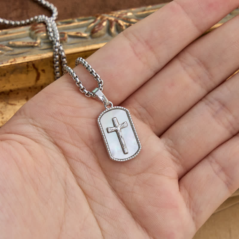 Dainty Box Link Shell Inlaid Crucifix Necklace: Emblem of Peaceful Inner Devotion