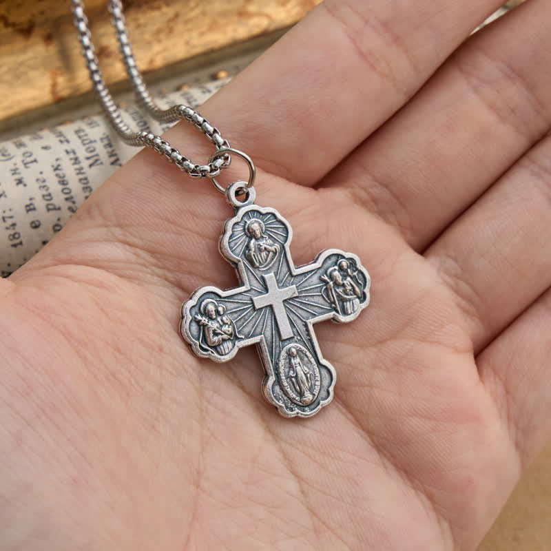 Four Sacred Portrait Cross Box‑Chain Necklace: Token Of Gentle Celestial Safeguard