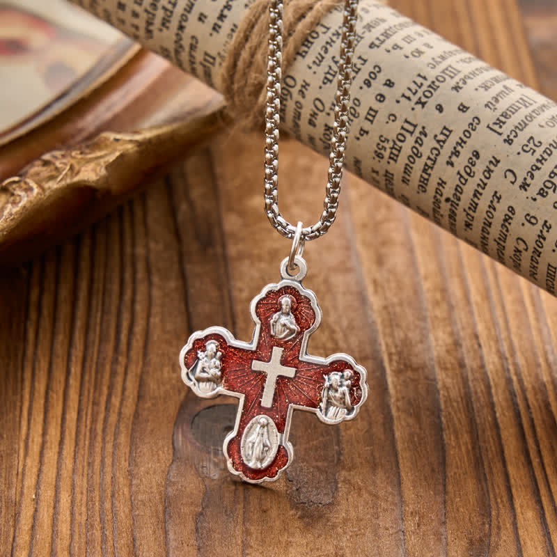 Four Sacred Portrait Cross Box‑Chain Necklace: Token Of Gentle Celestial Safeguard