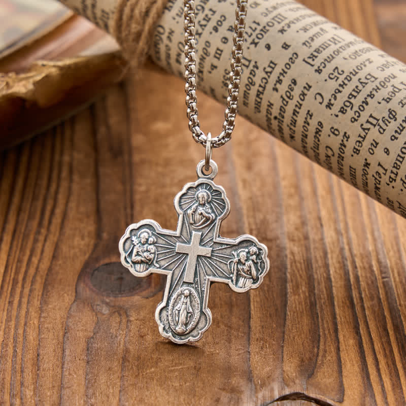 Four Sacred Portrait Cross Box‑Chain Necklace: Token Of Gentle Celestial Safeguard