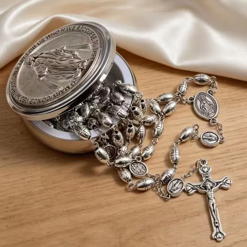 Embossed Alloy Rosary With Our Lady Miraculous Medal & Sacred Crucifix