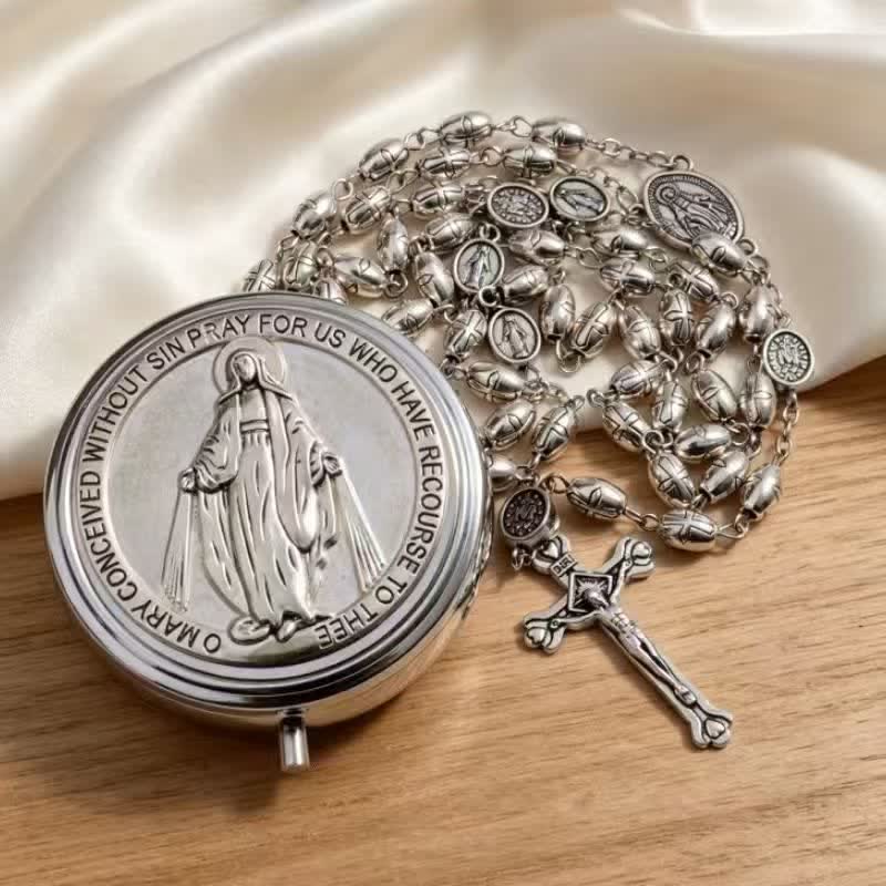 Embossed Alloy Rosary With Our Lady Miraculous Medal & Sacred Crucifix
