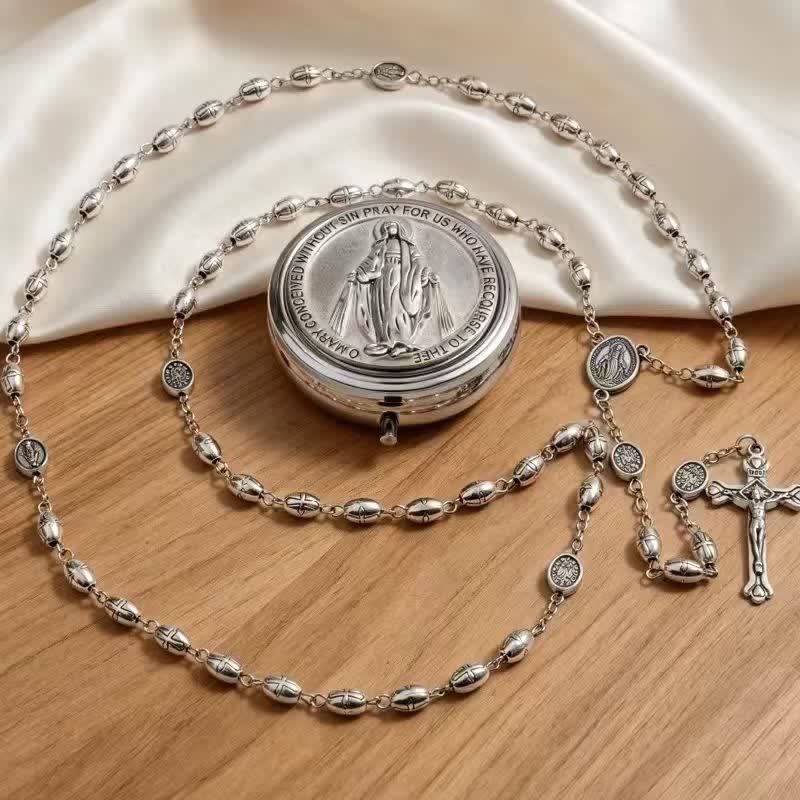 Embossed Alloy Rosary With Our Lady Miraculous Medal & Sacred Crucifix