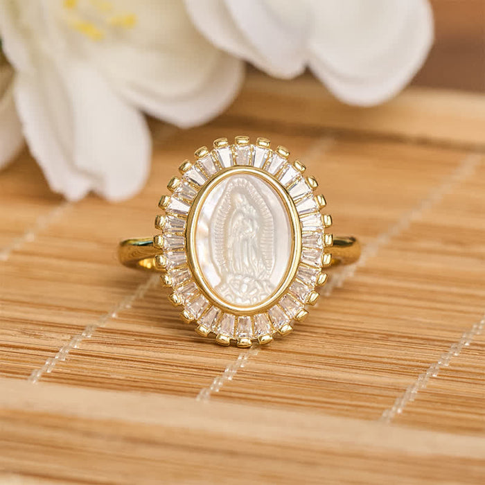 Adjustable Radiant Halo Our Lady Portrait Ring: Symbol of Quiet Divine Comfort