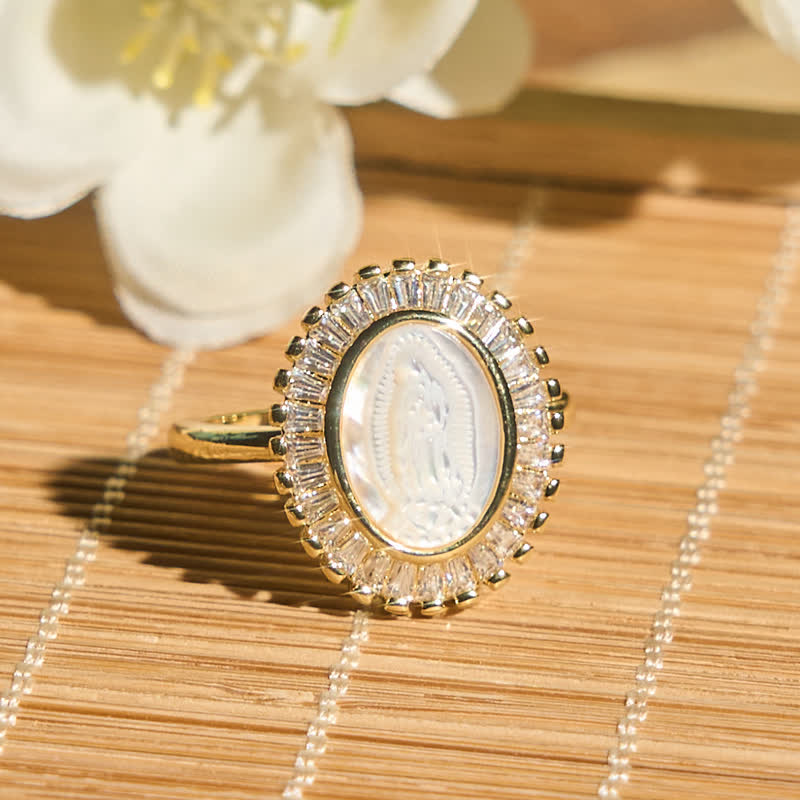 Adjustable Radiant Halo Our Lady Portrait Ring: Symbol of Quiet Divine Comfort
