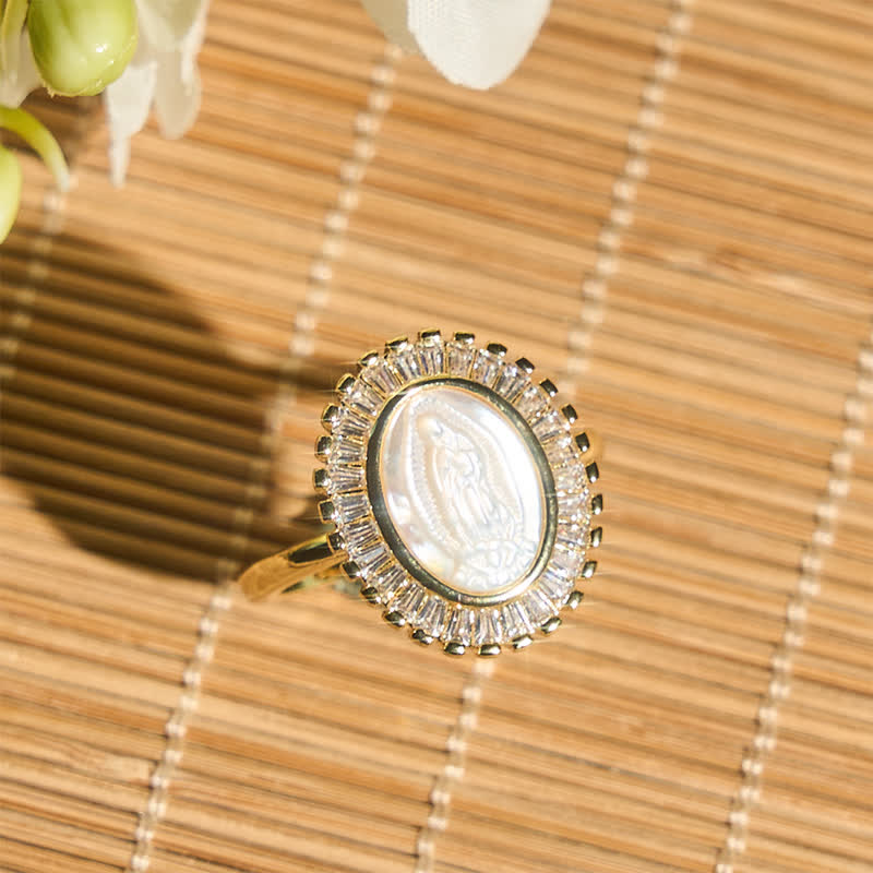 Adjustable Radiant Halo Our Lady Portrait Ring: Symbol of Quiet Divine Comfort