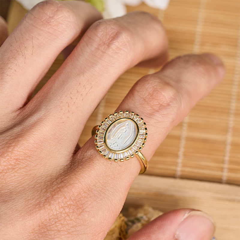Adjustable Radiant Halo Our Lady Portrait Ring: Symbol of Quiet Divine Comfort