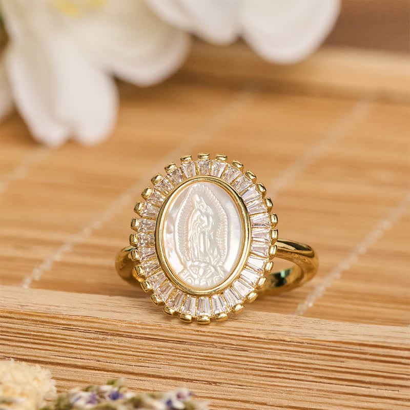 Adjustable Radiant Halo Our Lady Portrait Ring: Symbol of Quiet Divine Comfort