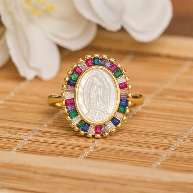 Adjustable Radiant Halo Our Lady Portrait Ring: Symbol of Quiet Divine Comfort