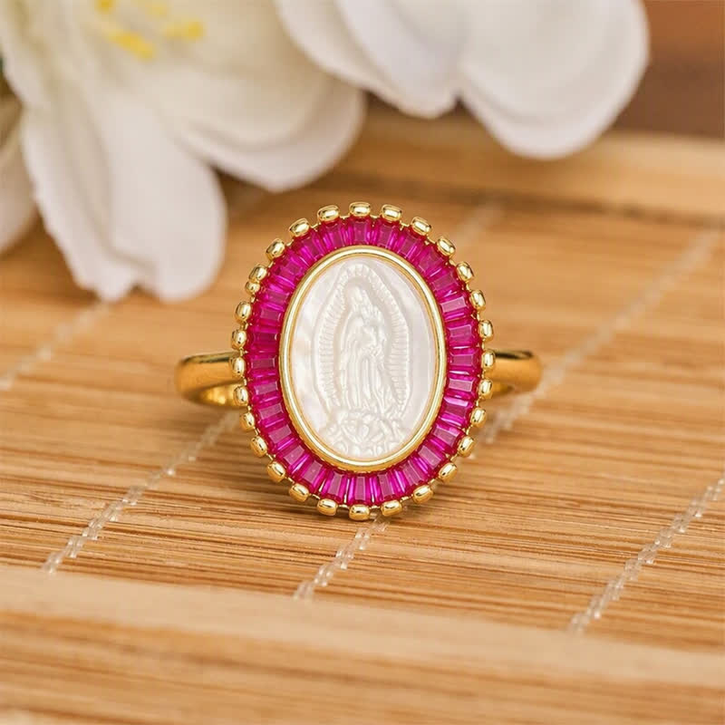 Adjustable Radiant Halo Our Lady Portrait Ring: Symbol of Quiet Divine Comfort