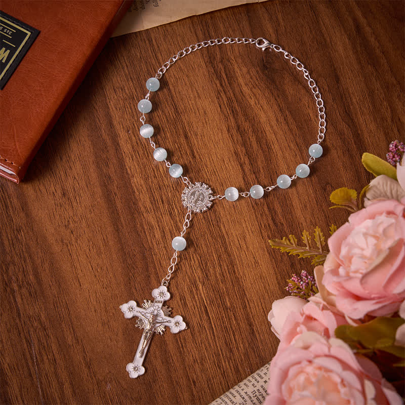 Airy Pale Blue Cat's Eye Car Rosary with St. Benedict Medal & White Enamel Crucifix