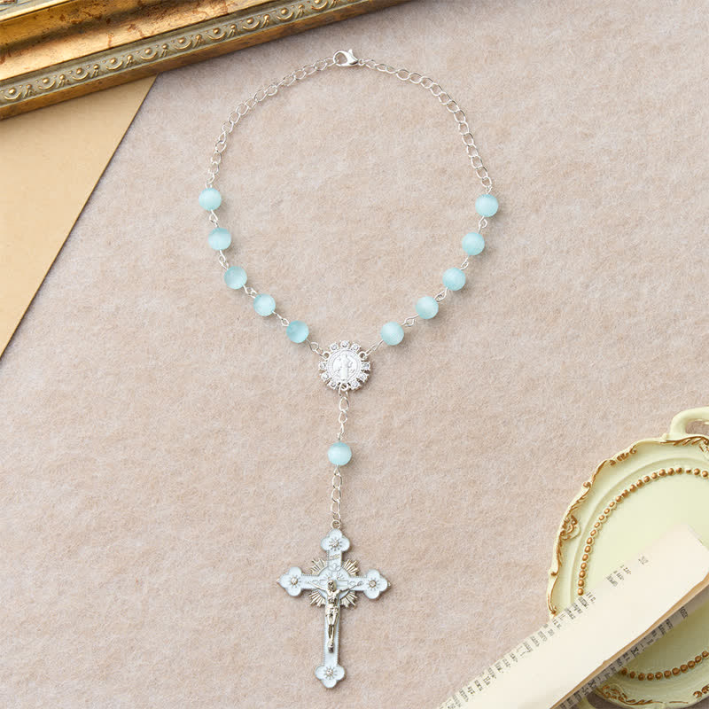 Airy Pale Blue Cat's Eye Car Rosary with St. Benedict Medal & White Enamel Crucifix