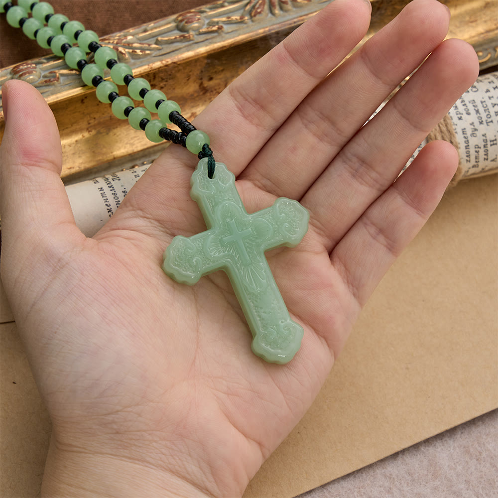 Textured Glass Cross Pendant With Beaded Strand: Emblem of Serene Divine Grace