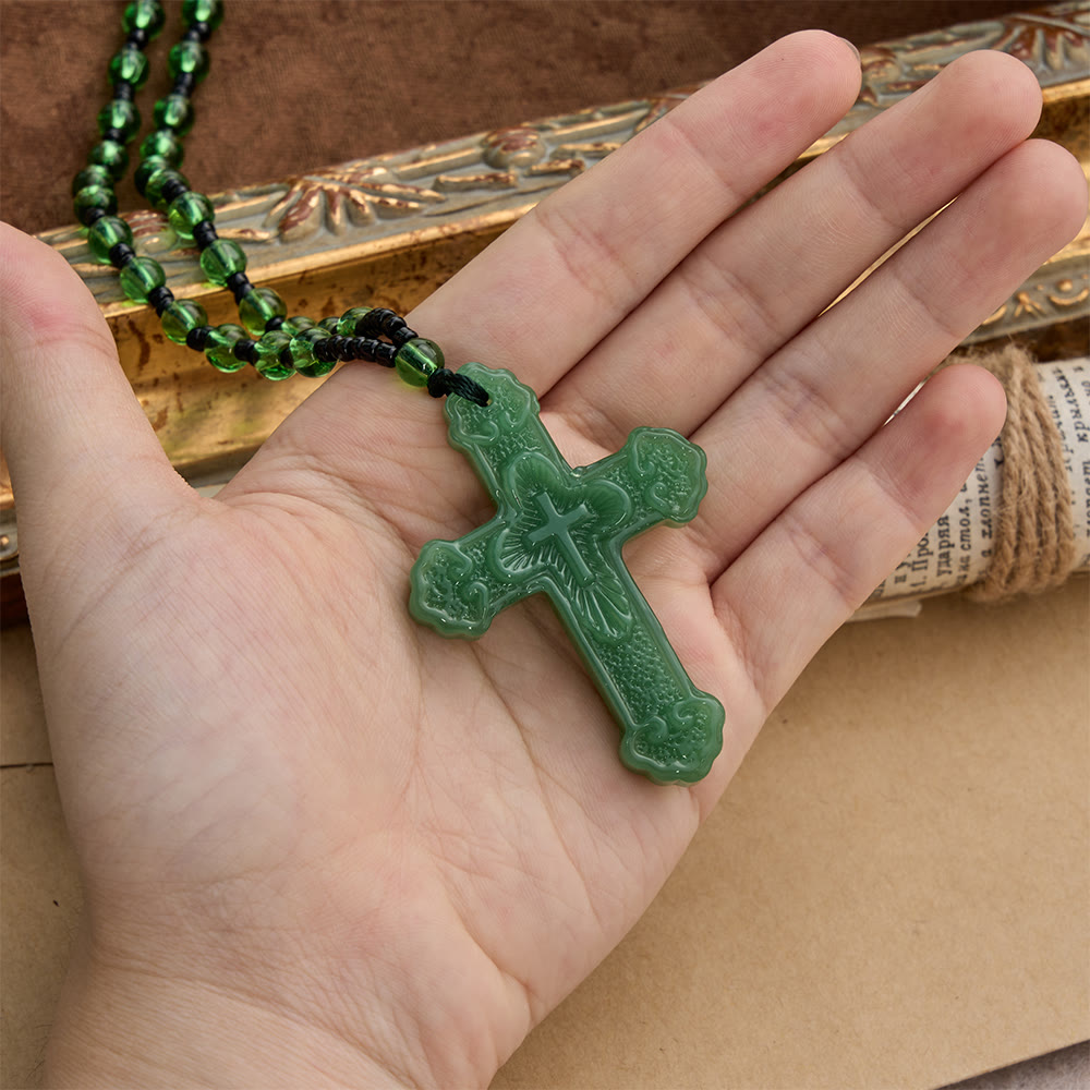 Textured Glass Cross Pendant With Beaded Strand: Emblem of Serene Divine Grace