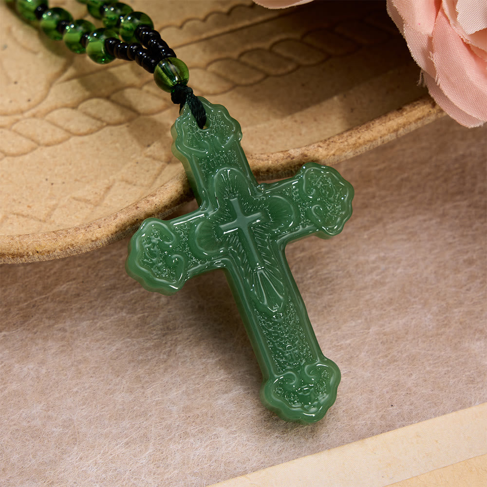 Textured Glass Cross Pendant With Beaded Strand: Emblem of Serene Divine Grace