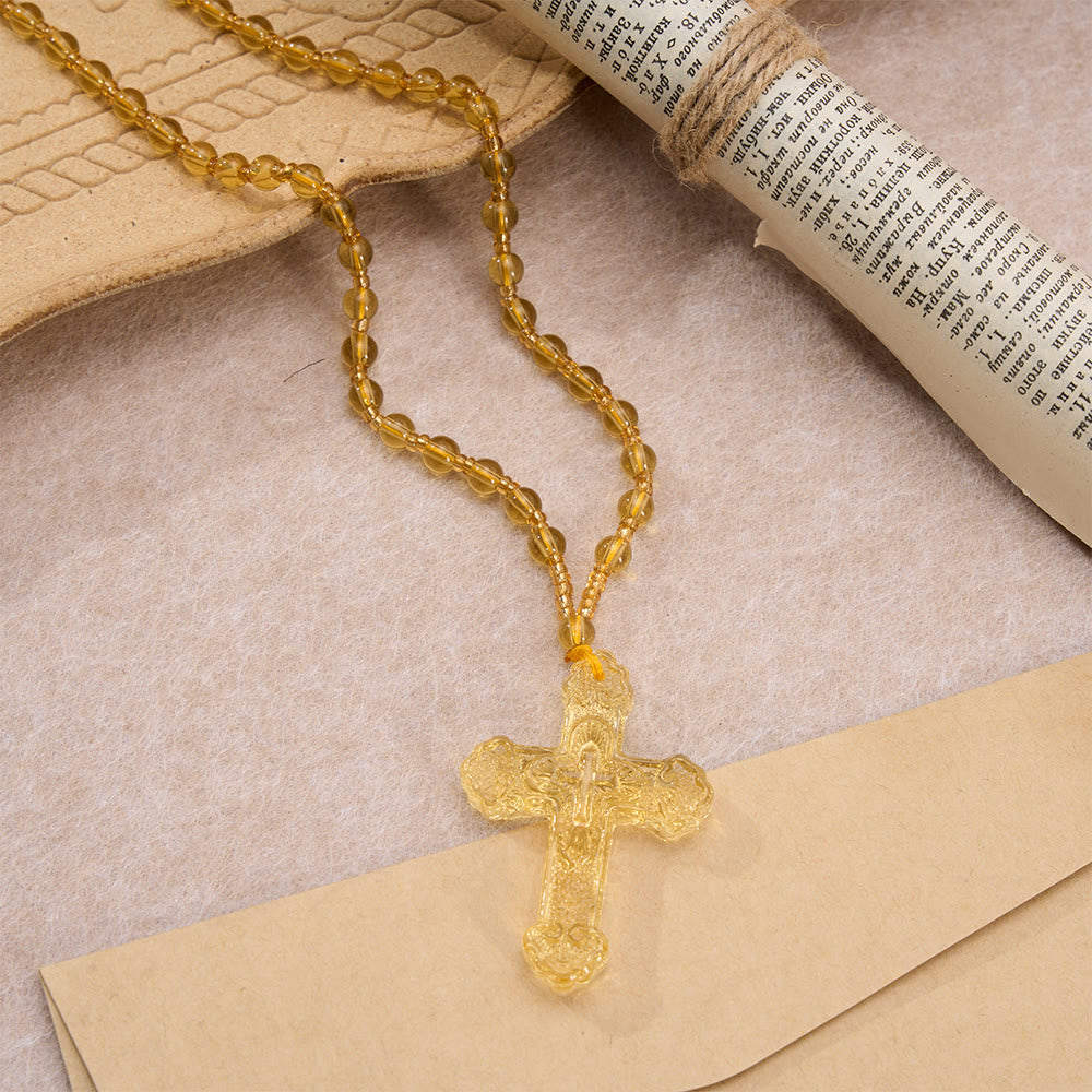 Textured Glass Cross Pendant With Beaded Strand: Emblem of Serene Divine Grace