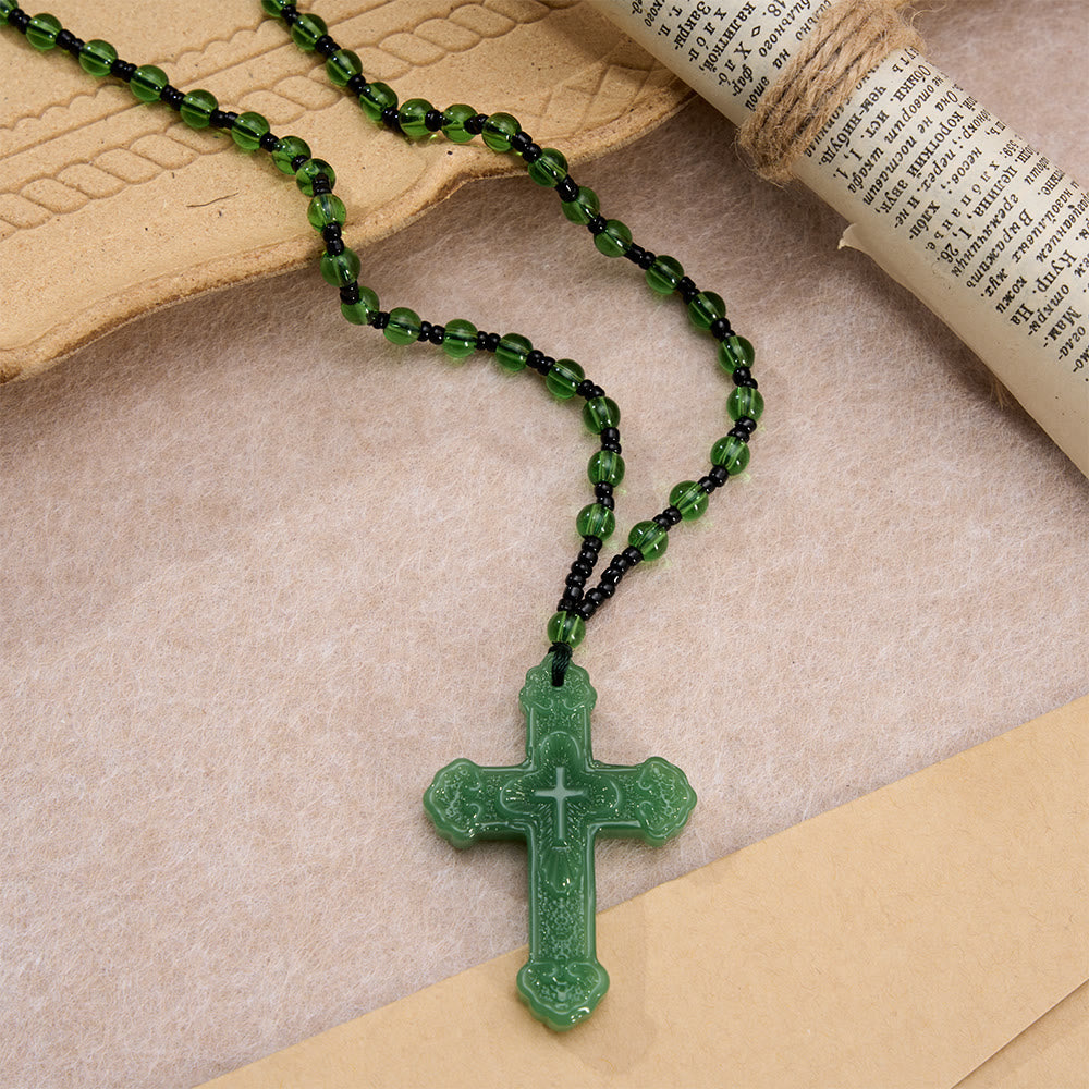 Textured Glass Cross Pendant With Beaded Strand: Emblem of Serene Divine Grace