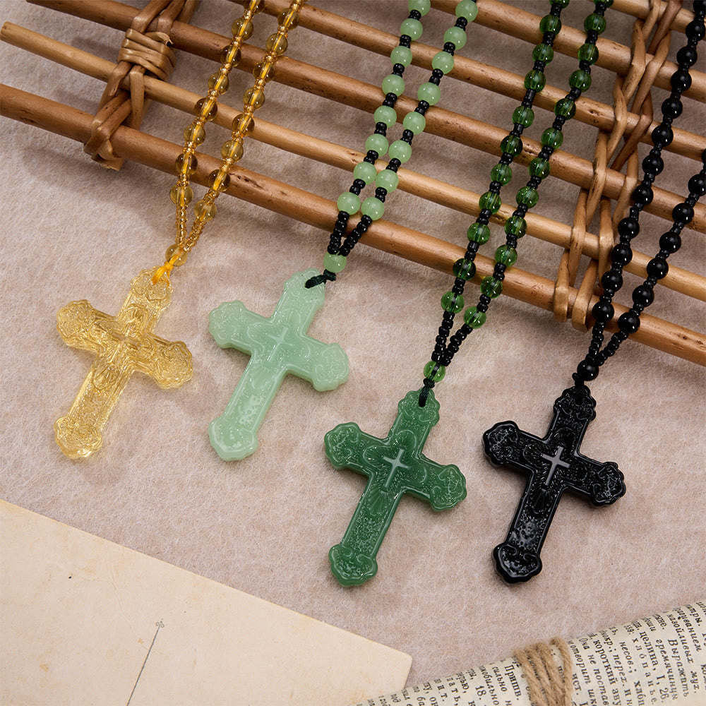 Textured Glass Cross Pendant With Beaded Strand: Emblem of Serene Divine Grace