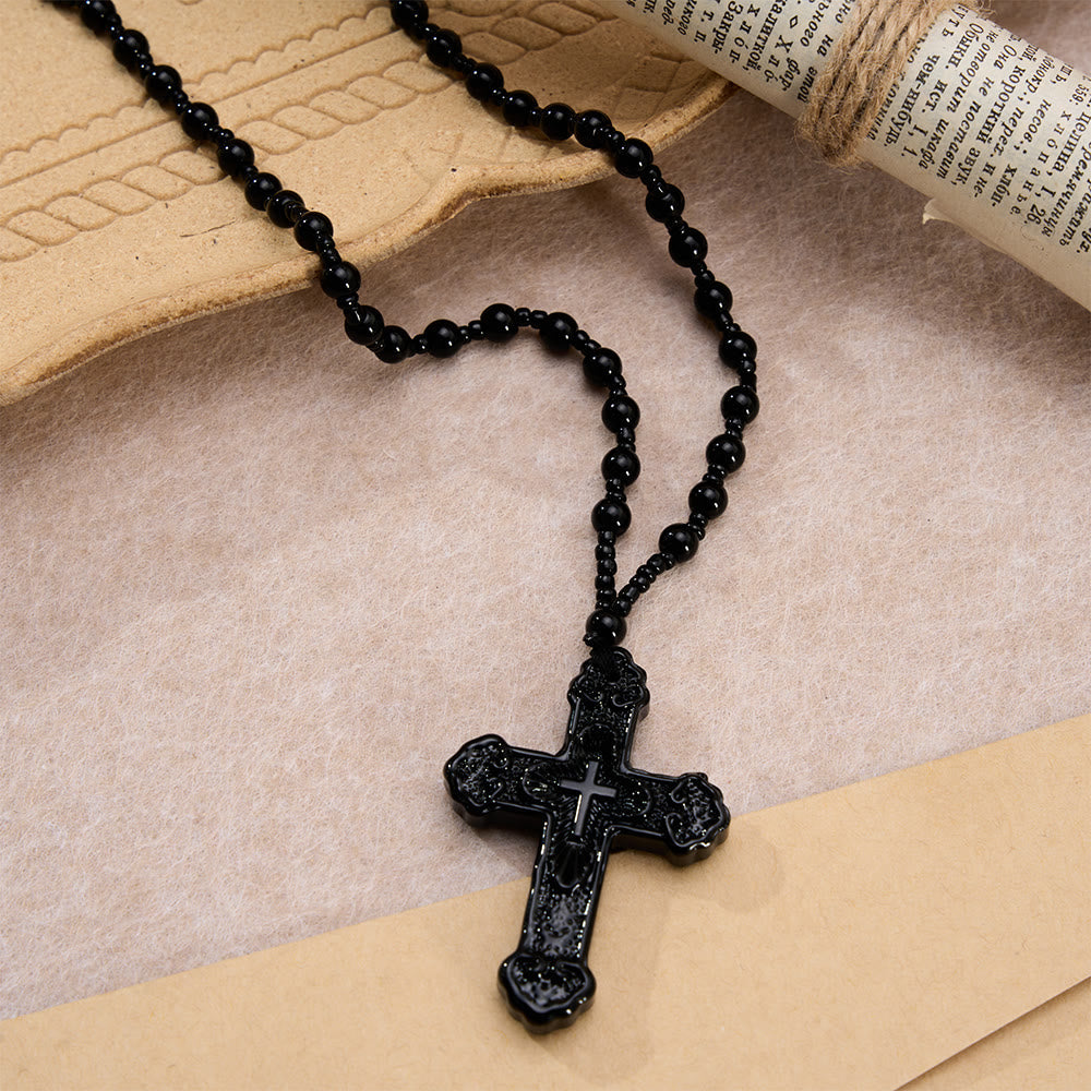 Textured Glass Cross Pendant With Beaded Strand: Emblem of Serene Divine Grace
