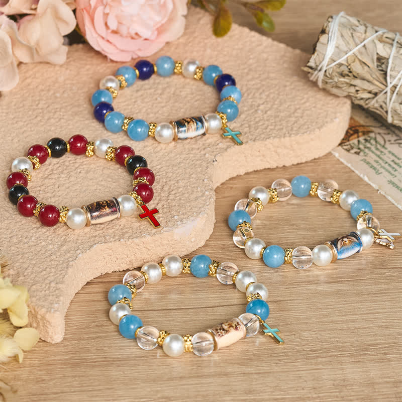 Holy Icon Printed Alloy Charm Bead Bracelet: Bearer of Uplifting Sacred Serenity
