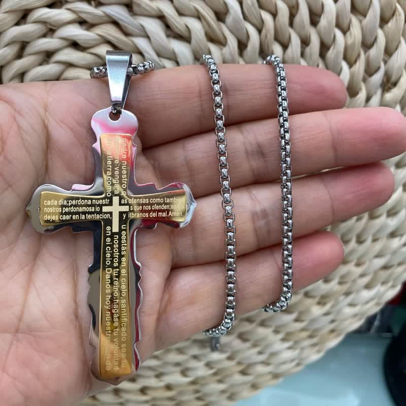 Dual‑Link Choice Spanish Verse Cross Necklace: Symbol of Gentle Celestial Shelter