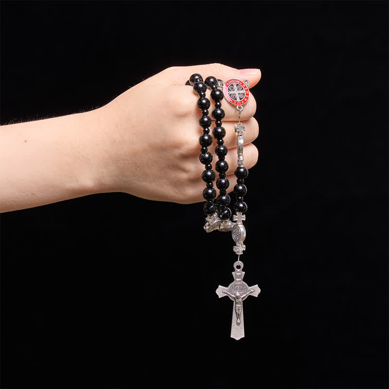Sleek Black Acrylic Bead Rosary with St.Benedict Medals: Emblem of Steadfast Heavenly Safeguard