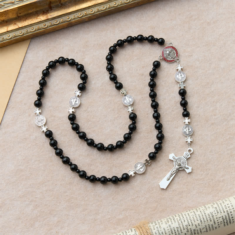 Sleek Black Acrylic Bead Rosary with St.Benedict Medals: Emblem of Steadfast Heavenly Safeguard
