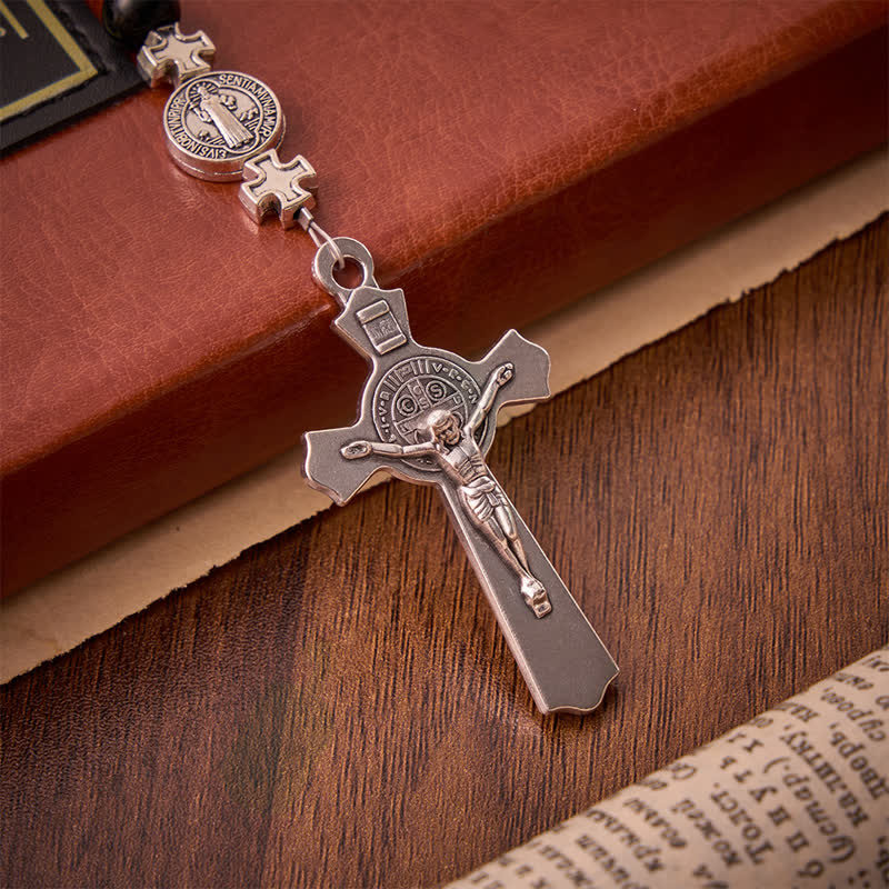 Sleek Black Acrylic Bead Rosary with St.Benedict Medals: Emblem of Steadfast Heavenly Safeguard