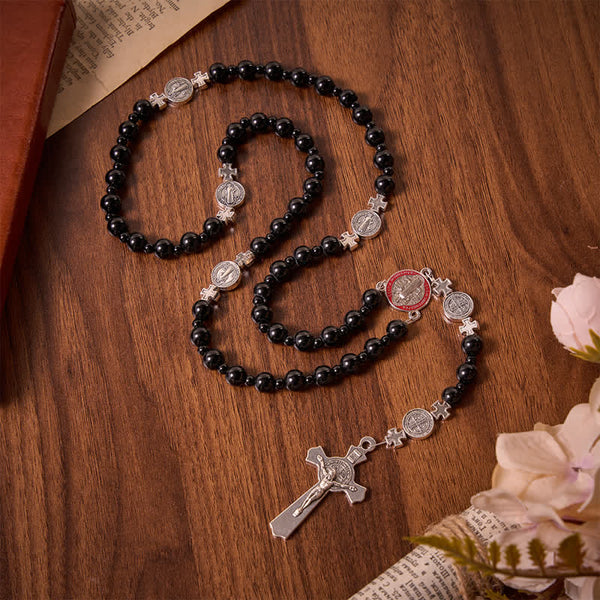Sleek Black Acrylic Bead Rosary with St.Benedict Medals: Emblem of Steadfast Heavenly Safeguard