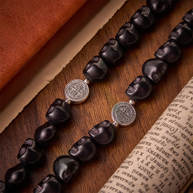 Carved Black Skull Acrylic Memento Mori Rosary with St.Benedict Medals