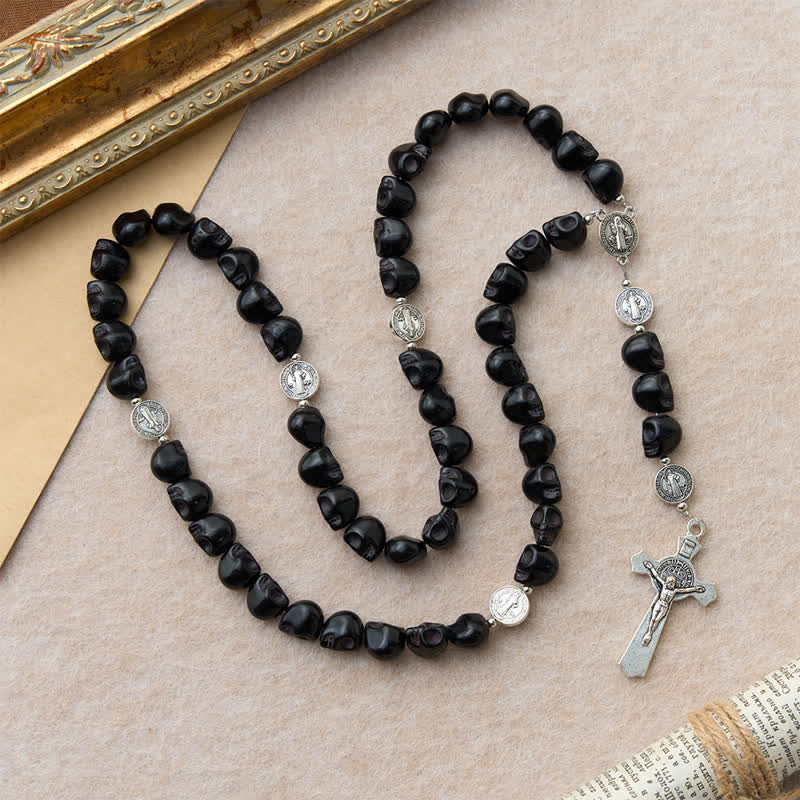 Carved Black Skull Acrylic Memento Mori Rosary with St.Benedict Medals