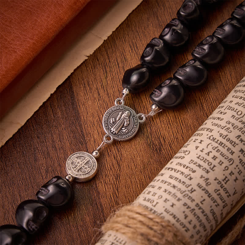 Carved Black Skull Acrylic Memento Mori Rosary with St.Benedict Medals