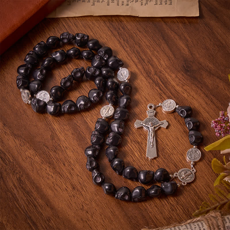 Carved Black Skull Acrylic Memento Mori Rosary with St.Benedict Medals