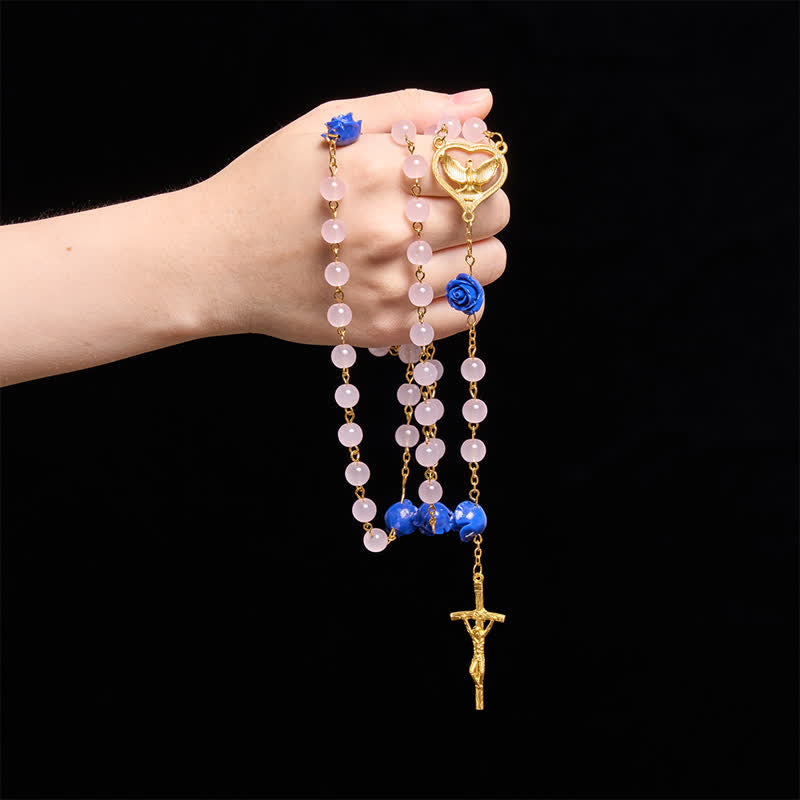 Heavenly Royal Blue Rose Pink Glass Rosary with Holy Spirit Heart & Crucifix