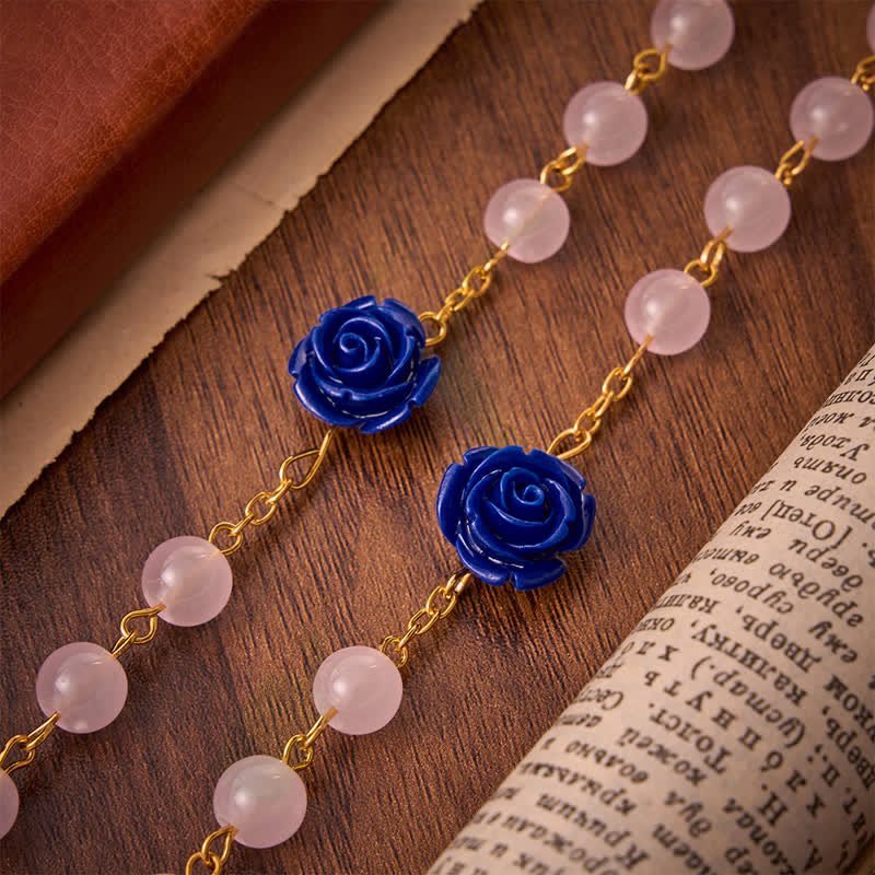Heavenly Royal Blue Rose Pink Glass Rosary with Holy Spirit Heart & Crucifix