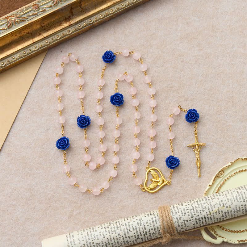Heavenly Royal Blue Rose Pink Glass Rosary with Holy Spirit Heart & Crucifix