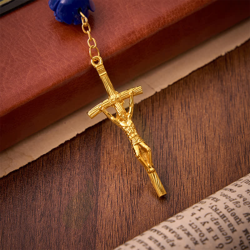 Heavenly Royal Blue Rose Pink Glass Rosary with Holy Spirit Heart & Crucifix