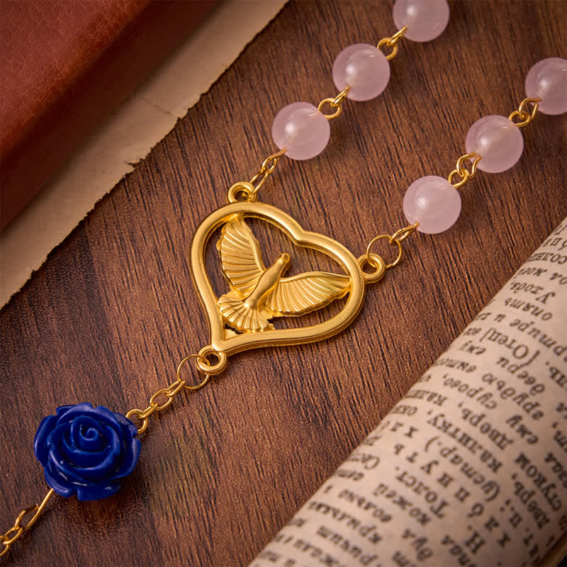 Heavenly Royal Blue Rose Pink Glass Rosary with Holy Spirit Heart & Crucifix