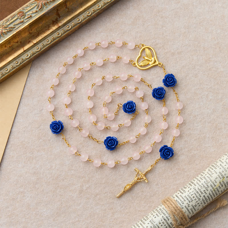 Heavenly Royal Blue Rose Pink Glass Rosary with Holy Spirit Heart & Crucifix