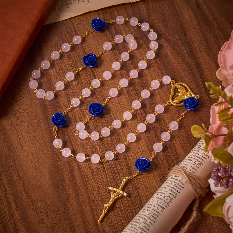 Heavenly Royal Blue Rose Pink Glass Rosary with Holy Spirit Heart & Crucifix