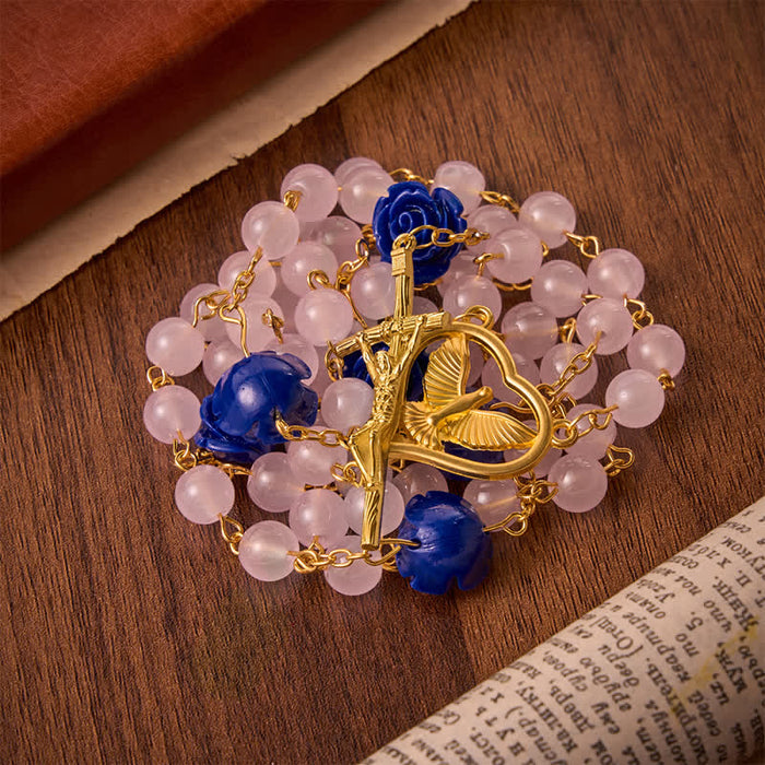 Heavenly Royal Blue Rose Pink Glass Rosary with Holy Spirit Heart & Crucifix