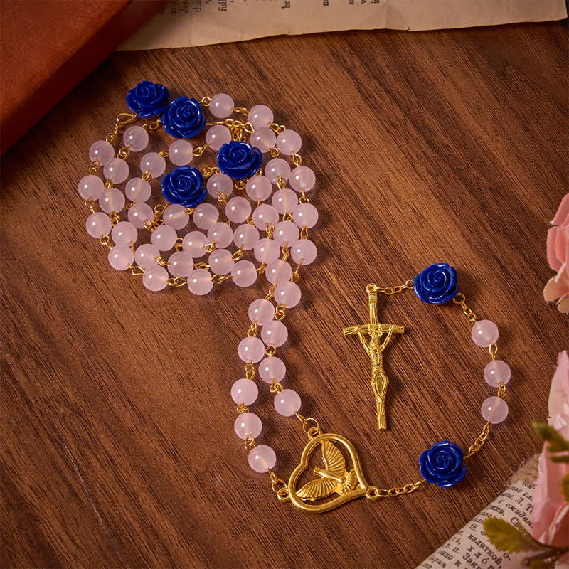 Heavenly Royal Blue Rose Pink Glass Rosary with Holy Spirit Heart & Crucifix