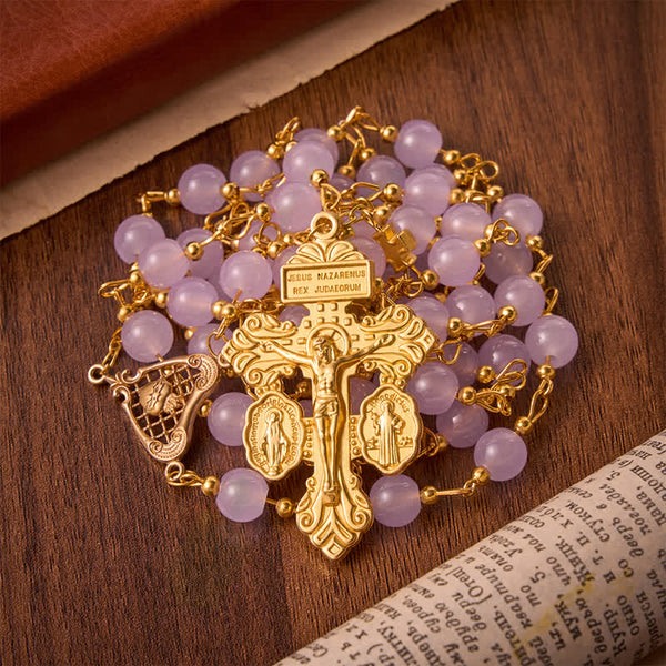 Pale Lavender Glass Bead Rosary with Sacred Heart Crucifix: Emblem of Gentle Heavenly Mercy
