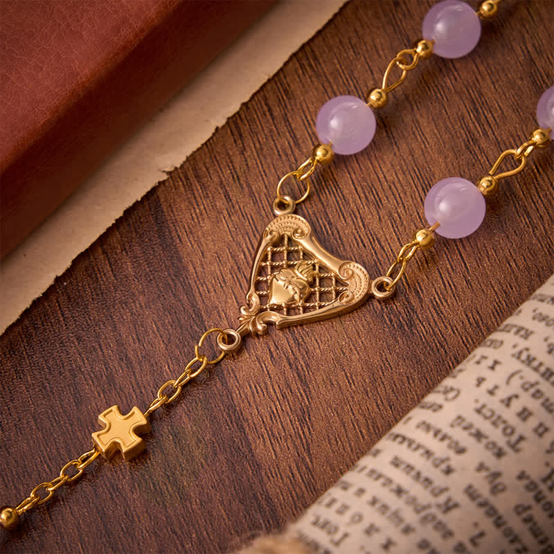 Pale Lavender Glass Bead Rosary with Sacred Heart Crucifix: Emblem of Gentle Heavenly Mercy