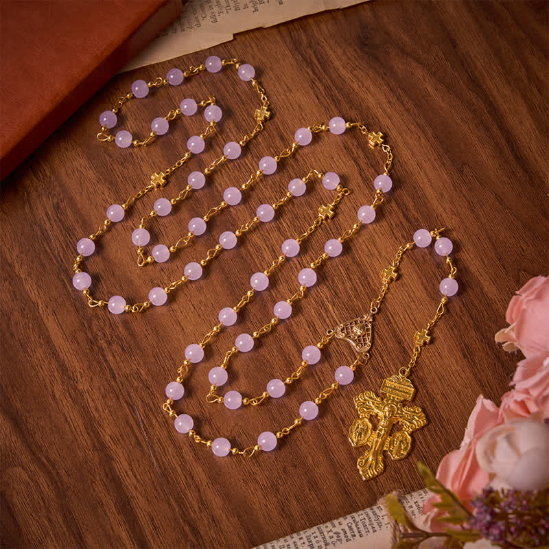 Pale Lavender Glass Bead Rosary with Sacred Heart Crucifix: Emblem of Gentle Heavenly Mercy