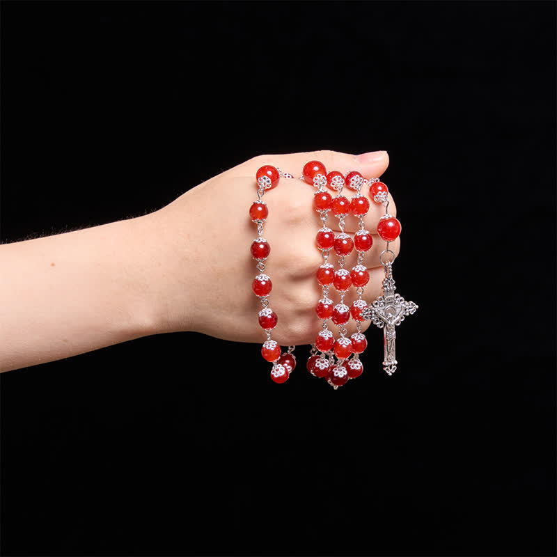 Glossy Red Glass Bead Rosary with Jerusalem Cross: Emblem of Noble Heavenly Redemption