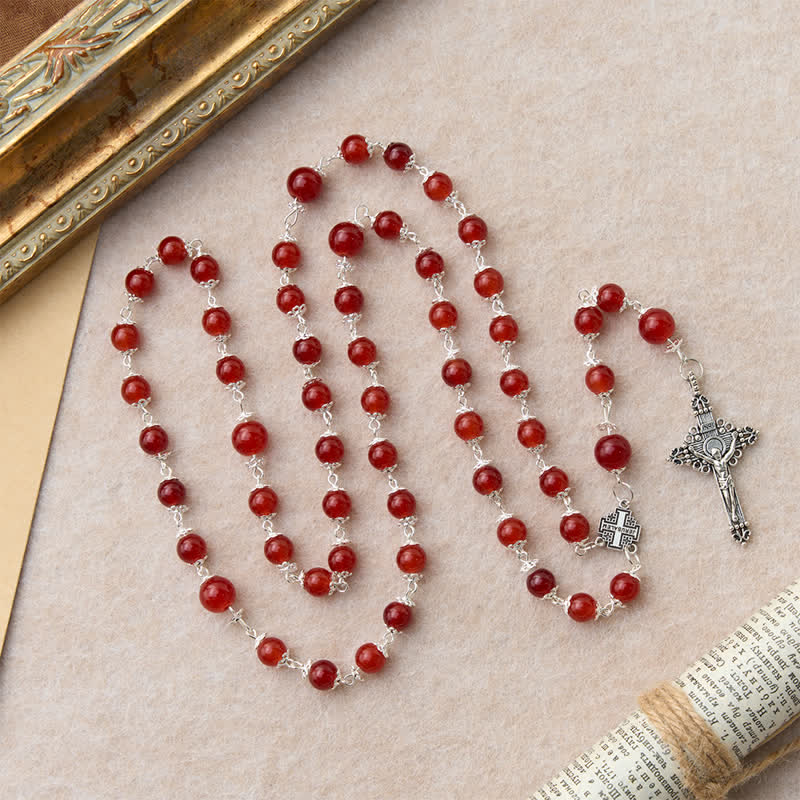 Glossy Red Glass Bead Rosary with Jerusalem Cross: Emblem of Noble Heavenly Redemption