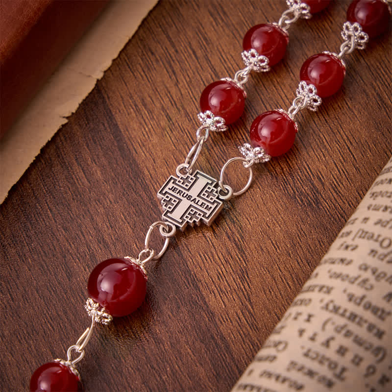 Glossy Red Glass Bead Rosary with Jerusalem Cross: Emblem of Noble Heavenly Redemption